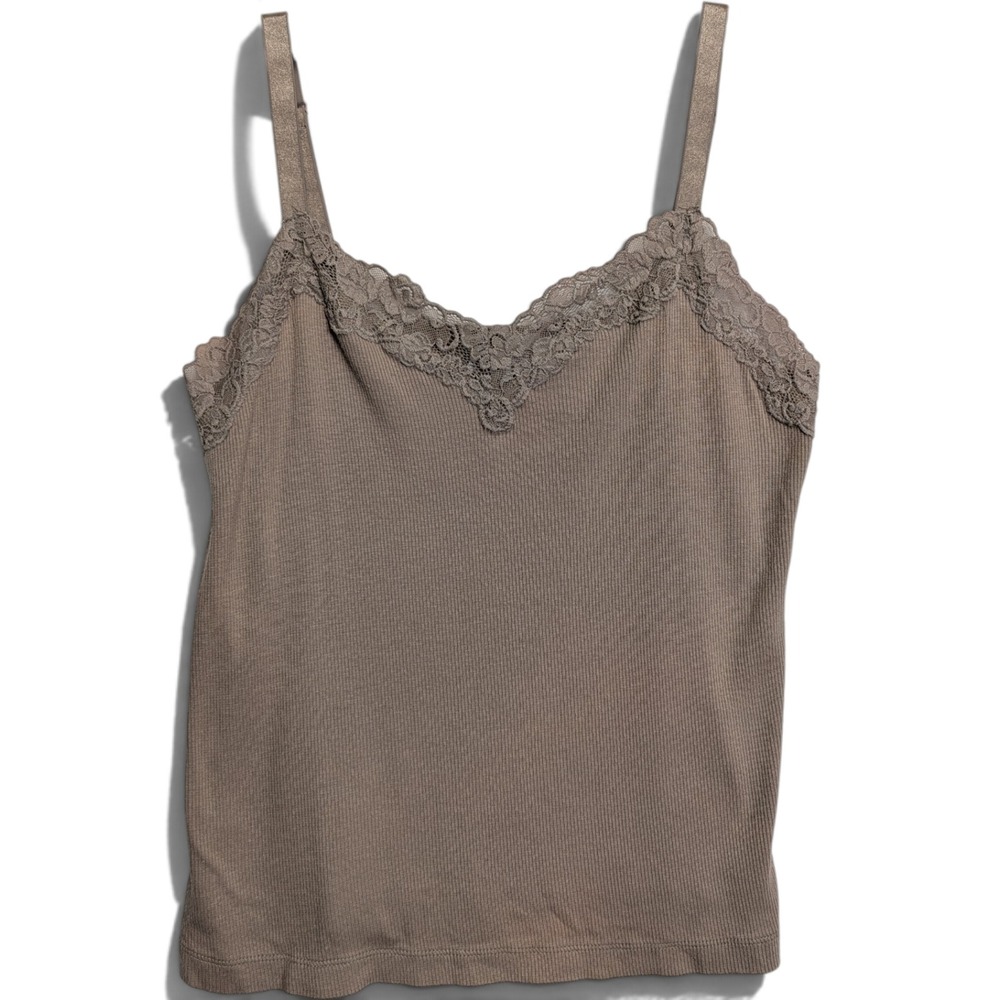 Chicos Travelers Womens Camisole Size 1 M Lace Trim Ribbed V Neck Brown